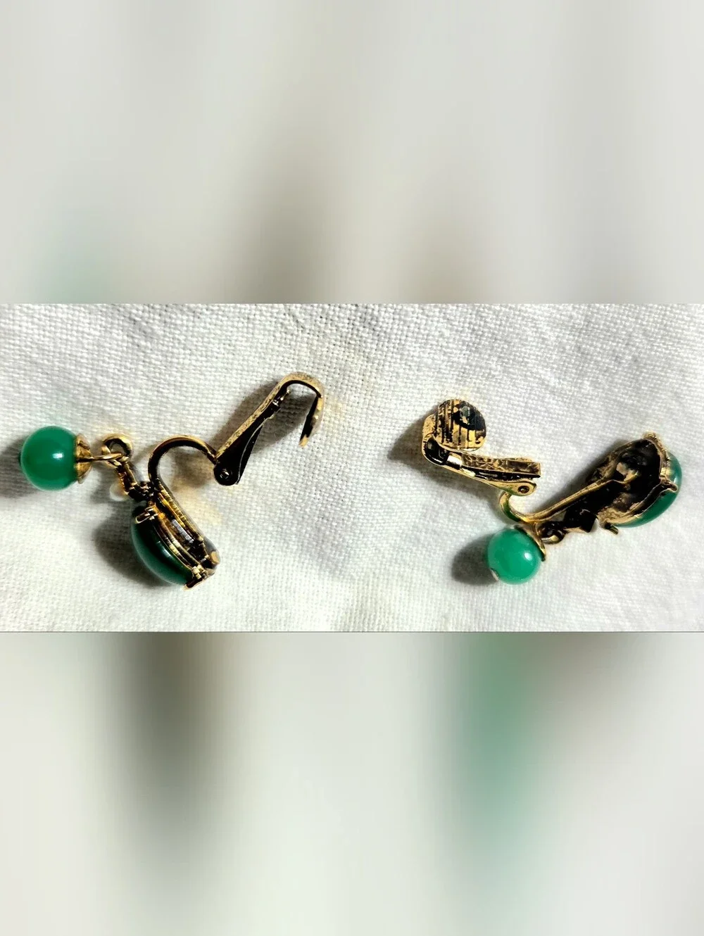Vintage Green Earrings Lot, 1960s Faux Jade Pearl Drops + 1970s Gold Tassel